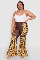 Womens Plus Size Contrast Print Flared Pants, Brown, Size 1X
