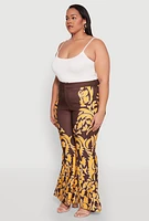 Womens Plus Size Contrast Print Flared Pants, Brown, Size 1X