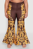 Womens Plus Size Contrast Print Flared Pants, Brown, Size 1X