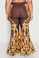 Womens Plus Size Contrast Print Flared Pants, Brown, Size 1X