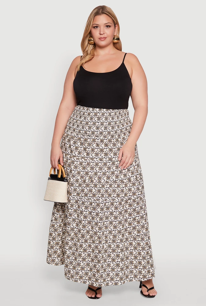 Womens Plus Size Patterned Smocked Waist Maxi Skirt, Multi, Size 1X