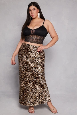 Womens Plus Size Almost Famous Patterned Satin Maxi Slip Skirt, Brown, Size 3X