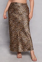 Womens Plus Size Almost Famous Patterned Satin Maxi Slip Skirt, Brown, Size 3X