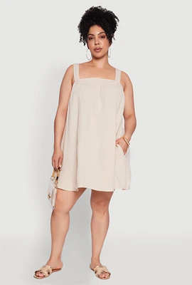 Womens Plus Gauze Knit Square Neck Babydoll Dress with V Back, 1X