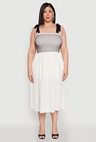 Womens Plus Size Smocked Tie Shoulder Midi Dress, White, Size 3X