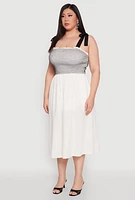 Womens Plus Size Smocked Tie Shoulder Midi Dress, White, Size 3X