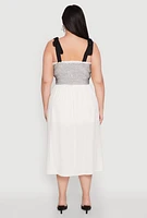 Womens Plus Size Smocked Tie Shoulder Midi Dress, White, Size 3X