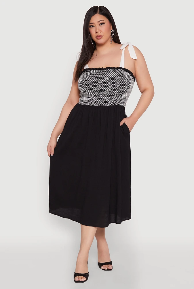 Womens Plus Smocked Tie Shoulder Midi Dress, 1X