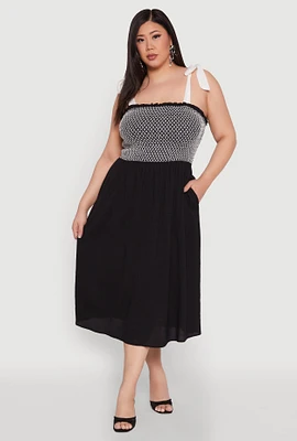 Womens Plus Smocked Tie Shoulder Midi Dress, 1X