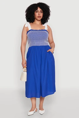 Womens Plus Smocked Tie Shoulder Midi Dress, Blue,