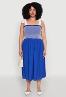Womens Plus Smocked Tie Shoulder Midi Dress, Blue,