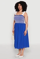 Womens Plus Smocked Tie Shoulder Midi Dress, Blue,