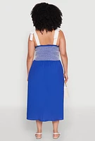 Womens Plus Smocked Tie Shoulder Midi Dress, Blue,