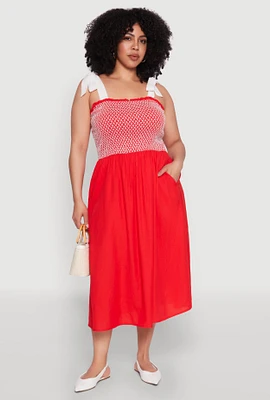 Womens Plus Smocked Tie Shoulder Midi Dress, Multi,