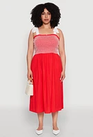 Womens Plus Smocked Tie Shoulder Midi Dress, Multi,