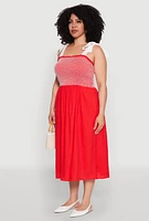Womens Plus Smocked Tie Shoulder Midi Dress, Multi,