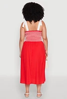 Womens Plus Smocked Tie Shoulder Midi Dress, Multi,