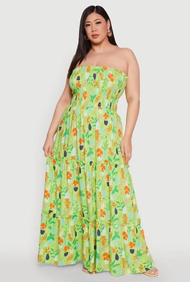 Womens Plus Size House Plant Print Tiered Maxi Dress, Green, Size 3X