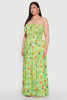 Womens Plus Size House Plant Print Tiered Maxi Dress, Green, Size 3X