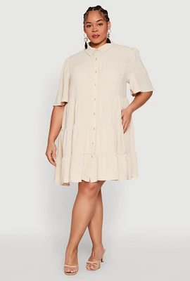 Womens Plus Airy Crepe Knit Tiered Shirt Dress,