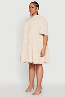 Womens Plus Airy Crepe Knit Tiered Shirt Dress,