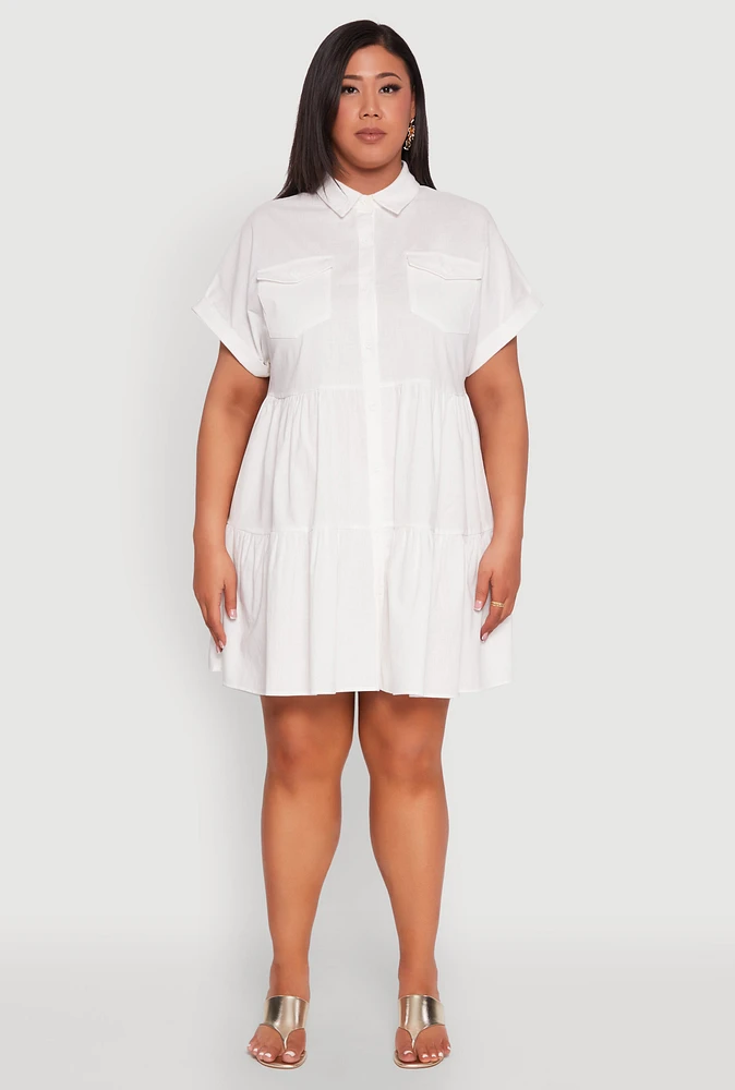 Womens Plus Tiered Mini Dress, White,