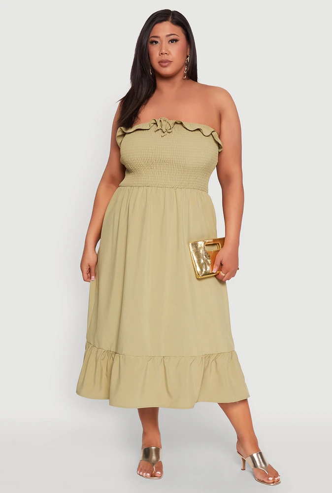 Womens Plus Size Ruffle Trim Tiered Midi Dress, Green, Size 3X