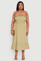 Womens Plus Size Ruffle Trim Tiered Midi Dress, Green, Size 3X