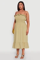 Womens Plus Size Ruffle Trim Tiered Midi Dress, Green, Size 3X