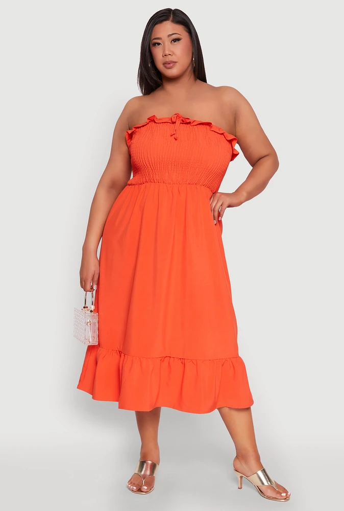 Womens Plus Size Ruffle Trim Tiered Midi Dress, Orange, Size 2X