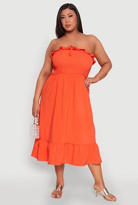 Womens Plus Size Ruffle Trim Tiered Midi Dress, Orange, Size 2X