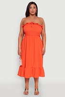Womens Plus Size Ruffle Trim Tiered Midi Dress, Orange, Size 2X