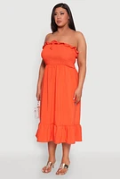 Womens Plus Size Ruffle Trim Tiered Midi Dress, Orange, Size 2X