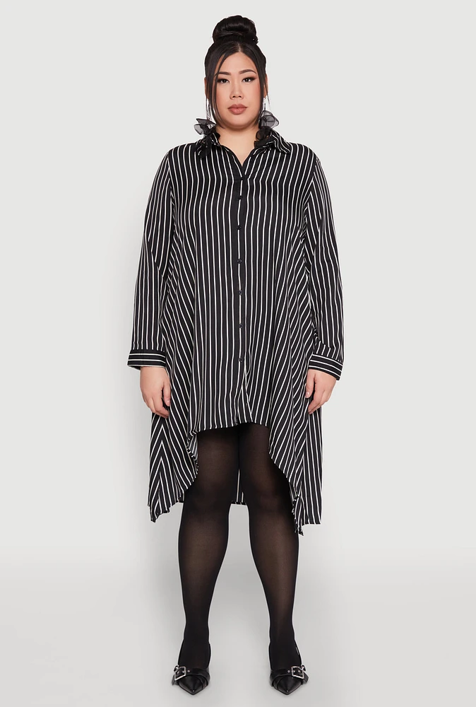 Womens Plus Size Striped High Low Hem Shirt Dress, Black, Size 1X