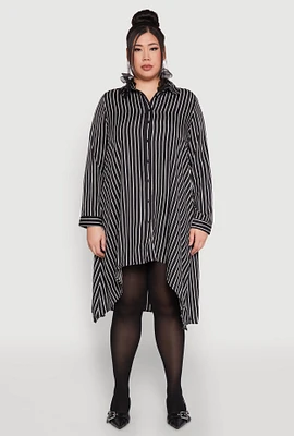 Womens Plus Size Striped High Low Hem Shirt Dress, Black, Size 1X