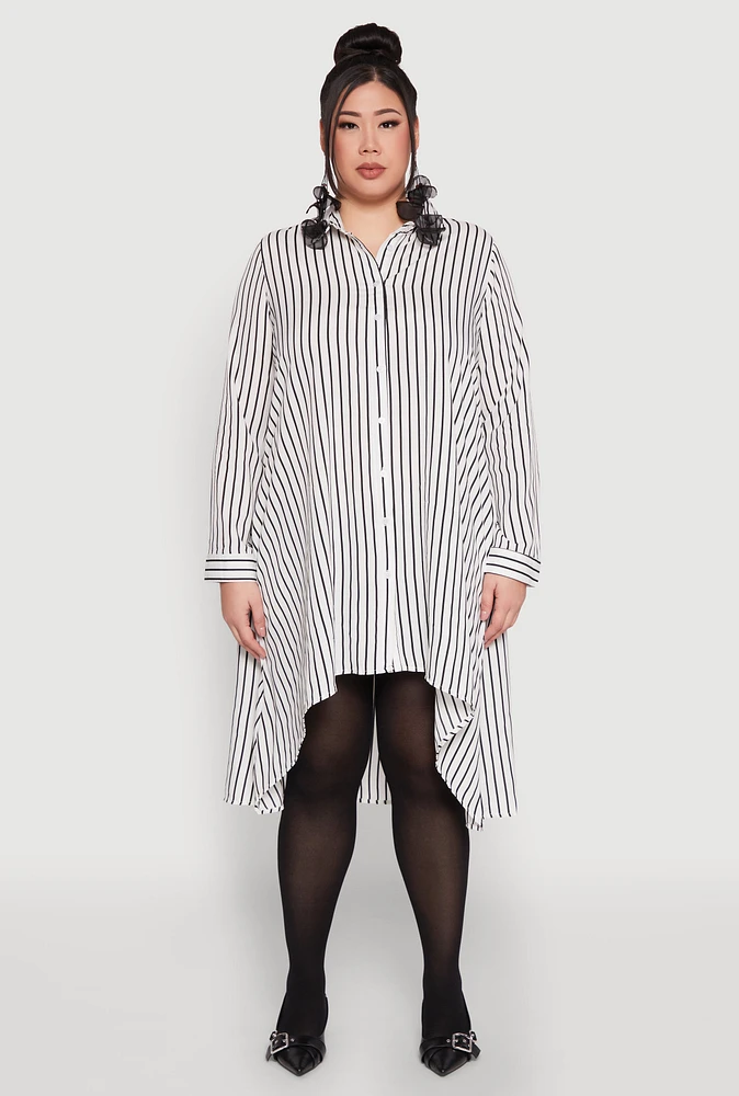 Womens Plus Size Striped High Low Hem Shirt Dress, White, Size 2X