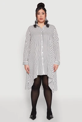 Womens Plus Size Striped High Low Hem Shirt Dress, White, Size 2X