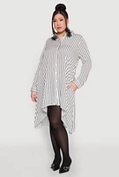 Womens Plus Size Striped High Low Hem Shirt Dress, White, Size 2X