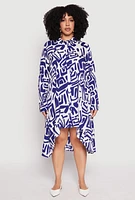 Womens Plus Size Abstract Patterned High Low Shirt Dress, Blue, Size 2X