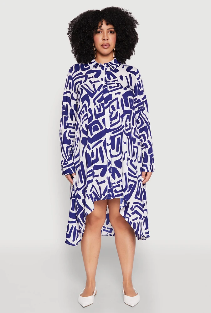 Womens Plus Size Abstract Patterned High Low Shirt Dress, Blue, Size 3X