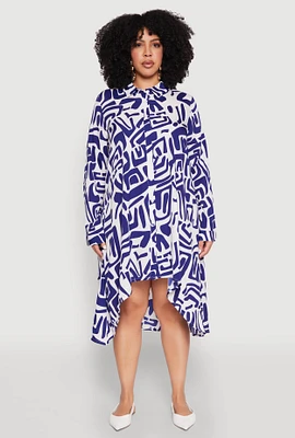 Womens Plus Size Abstract Patterned High Low Shirt Dress, Blue, Size 3X