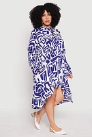 Womens Plus Size Abstract Patterned High Low Shirt Dress, Blue, Size 2X