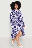 Womens Plus Size Abstract Patterned High Low Shirt Dress, Blue, Size 3X