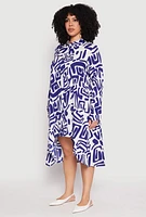 Womens Plus Size Abstract Patterned High Low Shirt Dress, Blue, Size 2X