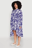 Womens Plus Size Abstract Patterned High Low Shirt Dress, Blue, Size 3X