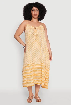 Womens Plus Size Border Print Keyhole Maxi Dress, Yellow, Size 1X