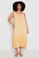 Womens Plus Size Border Print Keyhole Maxi Dress, Yellow, Size 1X