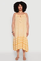 Womens Plus Size Border Print Keyhole Maxi Dress, Yellow, Size 1X