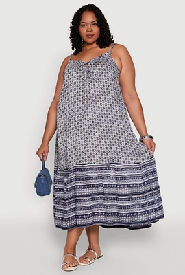 Womens Plus Size Border Print Keyhole Maxi Dress, Blue, Size 2X