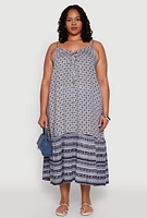 Womens Plus Size Border Print Keyhole Maxi Dress, Blue, Size 2X